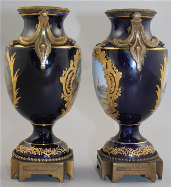 Pair of Sevres style ormolu mounted cobalt vases, late 19th century,(-)